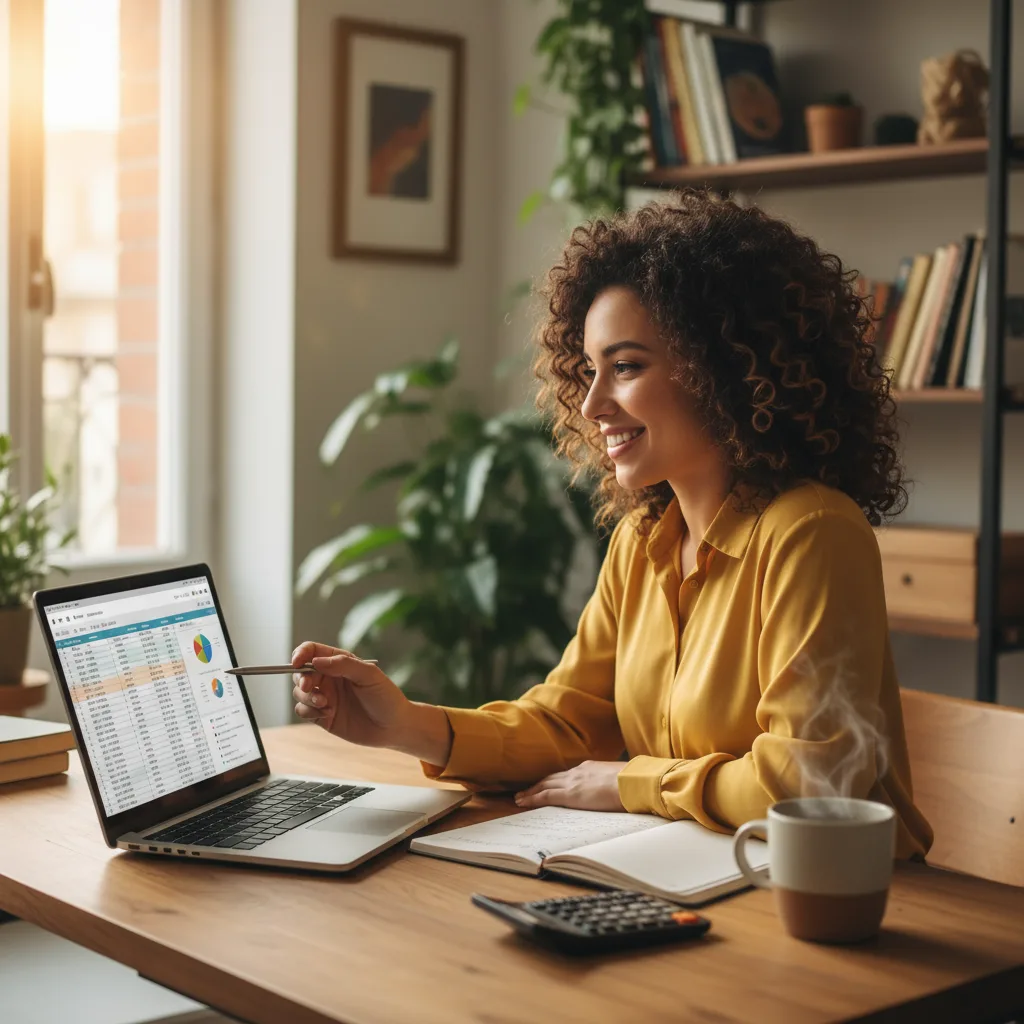 Mulher feliz organizando planejamento financeiro para sonhos grandes no computador
