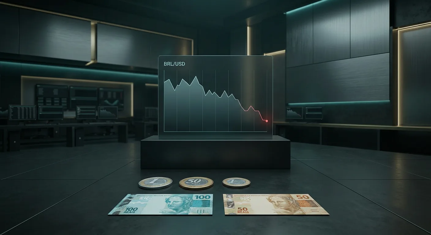 Brazilian coins and banknotes with rising and falling financial charts