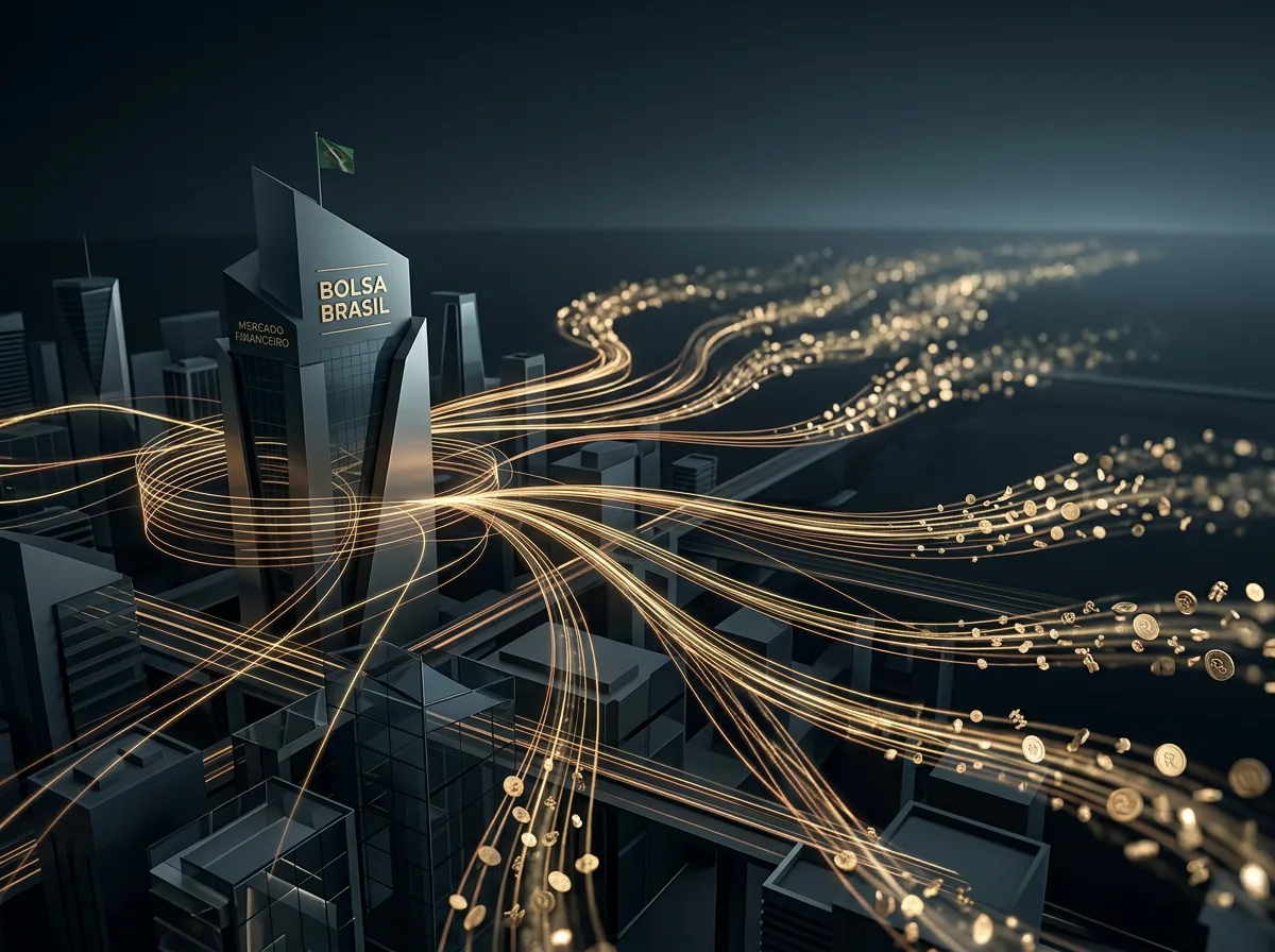 Stylized cityscape with Bolsa Brasil tower and glowing financial streams