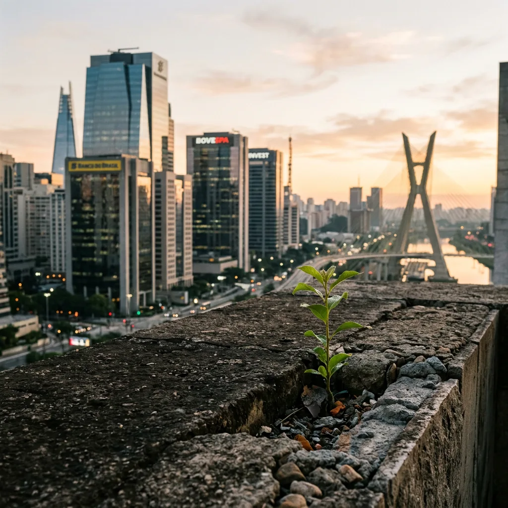 Young plant growing from a rooftop with São Paulo skyline and bridge